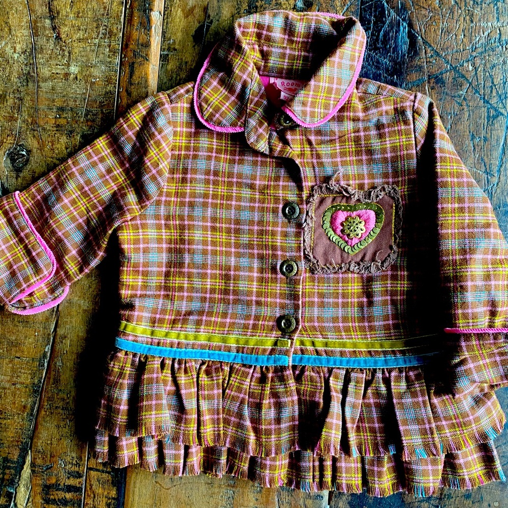 Room Seven Girls European Boutique Ruffle Plaid Cord Jacket Blazer Sz 92- 2T